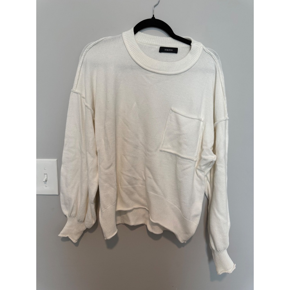 Dokotoo Womens White Oversized Knit Sweater Crew Neck Pocket Raw Hem Small